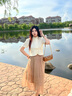 卡吉蘭娜（Kajilanna）新中式連衣裙2023夏季新款女裝改良旗袍顯瘦遮肉中長套裝裙子夏天 杏色上衣+咖色裙子 L 建議體重108-117斤 曬單實(shí)拍圖
