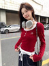 蕾絲花邊假兩件紅色長袖t恤女春秋季內(nèi)搭設(shè)計感修身打底衫上衣服 紅色 L 曬單實拍圖