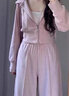 熒蒂（YINGDI）運動(dòng)休閑套裝女2025春秋季新款粉色連帽衛衣外套高腰直筒褲兩件套 粉紅兩件套 L 曬單實(shí)拍圖