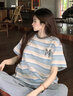 LDBE圓領(lǐng)美式撞色條紋短袖t恤女2025夏季新款設(shè)計(jì)感小眾復(fù)古上衣體恤 藍(lán)色 L 曬單實(shí)拍圖