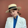 ALBINELEins網(wǎng)紅草帽女夏天復古英倫平頂禮帽韓版小清新沙灘防曬遮陽(yáng)帽潮 米色 可調節 曬單實(shí)拍圖