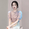 皮爾卡丹泡泡袖襯衫夏季女裝2025新款減齡洋氣蕾絲短袖上衣女設計感大I碼 紫色 S 建議90-100斤左右 曬單實(shí)拍圖