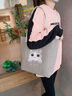 雨凡帆布包女單肩大容量托特包可愛(ài)學(xué)生手提布袋高中拎書(shū)袋時(shí)尚媽咪包 灰色粉嫩貓咪 1 曬單實(shí)拍圖