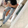 衣然呈品牛仔褲男春夏季港風(fēng)修身直筒高街破洞痞帥休閑寬松潮牌長褲子男 藍(lán)色 L【建議115-130斤】 曬單實(shí)拍圖