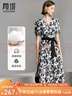 顏域優(yōu)雅純棉連衣裙女裝2026新款夏裝氣質(zhì)中長(cháng)款印花短袖V領(lǐng)裙子 黑白花 XL/42 曬單實(shí)拍圖