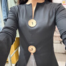 妙奕嘉辣妹上衣女緊身修身內搭女黑色打底衫女v領長袖t恤女衣服女裝春季 紐扣黑色V領修身T恤 L 【100-115斤】 曬單實拍圖