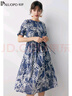 帕羅（PALUOPO）17姆米桑波緞?wù)娼z女連衣裙短袖喇叭復古印染收腰顯瘦透氣裙子碎花 夾花藍 L (165/88A) 曬單實(shí)拍圖