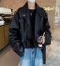 杭潮社黑色墊肩短款油蠟皮衣夾克歐美高街hiphop外套男生酷帥穿搭冬套裝 黑色三件套 XL 曬單實(shí)拍圖