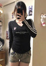 LDBE美式辣妹三條杠V領(lǐng)短款收腰緊身長袖t恤女秋冬內(nèi)搭打底衫上衣ins 黑色 S 曬單實拍圖