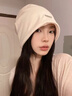 允娜堆堆帽女秋冬季冷帽美式辣妹包頭帽防風(fēng)月子帽大頭圍毛線帽子女 米白色 均碼 曬單實(shí)拍圖