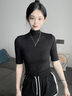 雅鹿拼接半高領(lǐng)中袖t恤女春秋季新款肌底衣緊身內(nèi)搭打底衫五分袖上衣 黑色 L 曬單實(shí)拍圖