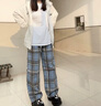 妙奕嘉秋季褲子女休閑褲寬松闊腿褲直筒長褲小個子顯瘦加絨高腰2024新款 毛呢格子加絨褲【藍(lán)色】 厚款 均碼 【建議80-115斤】 曬單實拍圖