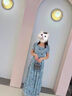 瑞秋兒碎花連衣裙女夏季新款女裝時尚收腰顯瘦遮肉減齡洋氣短袖長裙子 青色碎花 M 曬單實拍圖