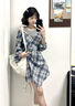 瑜尚臻品格子襯衫連衣裙早秋套裝背心假兩件拼接長(cháng)袖韓系小個(gè)子穿搭短裙 【藍色】M（95-110斤） 曬單實(shí)拍圖