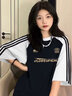 LDBE撞色插肩純棉三條杠短袖t恤女夏季美式復(fù)古小個子設(shè)計感半袖上衣 深藍(lán)拼灰色袖 XL 曬單實拍圖