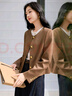 三彩2025秋季新款休閑外套仿麂皮絨正肩長(cháng)袖開(kāi)衫上衣復古S 榛果棕 M 160/84A 曬單實(shí)拍圖