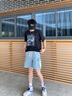 至唯美式復古抽繩工裝牛仔短褲男生夏季薄款寬松青少年五分褲潮牌大碼 DSA042-XD22903淺藍色 XL【推薦130-150斤】 曬單實(shí)拍圖