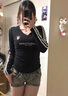 LDBE美式辣妹三條杠V領(lǐng)短款收腰緊身長袖t恤女秋冬內(nèi)搭打底衫上衣ins 黑色 S 曬單實拍圖