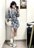 瑜尚臻品格子襯衫連衣裙早秋套裝背心假兩件拼接長(cháng)袖韓系小個(gè)子穿搭短裙 【藍色】M（95-110斤） 曬單實(shí)拍圖