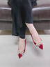 愛(ài)妮貓513-3 尖頭高跟鞋中跟2026年新款秀禾婚紗兩穿婚鞋粗跟水鉆單鞋女 紅色絨面【5cm】 36 曬單實(shí)拍圖