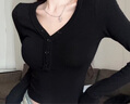 確彤德絨帶墊肩長(cháng)袖v領(lǐng)T恤女春秋內搭打底衫純色修身緊身顯瘦短款上衣 黑色 M 曬單實(shí)拍圖