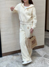 名創(chuàng  )優(yōu)品（MINISO）春秋季套裝女休閑運動(dòng)潮流女裝連帽開(kāi)衫衛衣闊腿褲兩件套韓系穿搭 【春秋款】奶白(甜品熊)+奶白 XL (推薦體重130-150斤) 曬單實(shí)拍圖