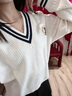 TOMMY JEANS【撞色V領】秋冬女裝美式學院風刺繡肌理感內搭針織衫19685 米白色YBH XS （推薦：100斤以下） 曬單實拍圖