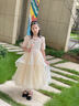 小咔衣濃（Xiaokayinong）兒童禮服公主裙長袖花童婚禮蓬蓬紗女童主持人鋼琴演奏演出服夏季 香檳色L068中袖長款 130cm 曬單實(shí)拍圖