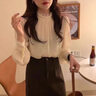 燕潯加絨加厚雪紡襯衫女秋裝2022新款釘珠設計感木耳邊半高領(lǐng)上衣漂亮 杏色 S (建議95斤以下) 曬單實(shí)拍圖