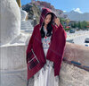 桃伊悠云南青海湖旅游拍照斗篷大披肩女外搭防曬連帽圍巾紅色民族風(fēng)外套 酒紅 130*150 曬單實(shí)拍圖