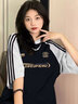 LDBE撞色插肩純棉三條杠短袖t恤女夏季美式復(fù)古小個子設(shè)計感半袖上衣 深藍(lán)拼灰色袖 XL 曬單實拍圖