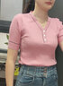 瀅蓓冰絲V領(lǐng)短袖t恤女夏新款韓版百搭修身顯瘦紐扣拼接針織衫上衣薄款 粉紅色 2XL (建議120-140斤) 曬單實(shí)拍圖