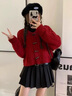 羅蒙（ROMON）復(fù)古短款麻花毛衣開衫女2025秋冬裝新款寬松外穿牛角扣針織衫外套 紅色 均碼 -125斤以下 曬單實拍圖