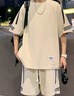 在佐夏季新款大碼涼感冰絲短袖襯衫短褲垂感休閑運動兩件套裝男 米白色 XL 曬單實拍圖