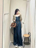 歐若婷雅休閑褲女裝新款2023秋裝闊腿連體褲子韓版時(shí)尚氣質(zhì)牛仔褲女兩件裝 套裝 XL 曬單實(shí)拍圖