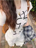 西兒t恤短袖女夏白色手繪花朵正肩短袖修身顯瘦遮肉辣妹上衣 L【100-120斤】 曬單實拍圖