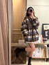 CTOX設(shè)計感PU皮拼接格子毛呢外套女2024冬新款小個子寬松保暖呢子大衣 棕格紋 M 115斤內(nèi) 曬單實拍圖