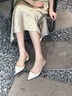 百田森 PETINSON真皮包頭涼鞋女春夏新款鉚釘拼色尖頭粗中跟時(shí)裝半涼鞋 米白色2C306 39 曬單實(shí)拍圖