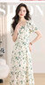 羅蒙碎花連衣裙女2024夏季新款小個子女裝顯瘦氣質(zhì)方領(lǐng)a字裙雪紡裙子 綠色 S 曬單實拍圖