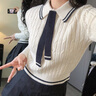 紫涵（ZIHAN）紫涵短款撞色翻領(lǐng)絞花針織毛衣女2024年冬季新款學(xué)院風(fēng)套頭針織衫 米金 S 曬單實(shí)拍圖