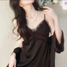 夢(mèng)施黛 冰絲睡衣女夏季性感睡裙吊帶女薄款蕾絲家居服仿真絲帶胸墊睡衣 黑色單吊帶+外袍 L 曬單實(shí)拍圖