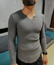 續點(diǎn)肌理感親膚柔軟螺紋打底衫男士長(cháng)袖t恤V領(lǐng)個(gè)性彈力修身緊身運動(dòng) 深灰色 L（120-135斤左右）修身型 曬單實(shí)拍圖