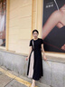 艾柔丹夏季新款女裝連衣裙女感女士中長款短袖赫本風小黑裙子夏天 杏色 M(85-100斤) 曬單實拍圖
