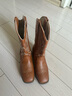 NSYCA西部牛仔靴 歐美粗跟夏V口刺繡套筒馬丁靴瘦復古中筒騎士短靴子 棕色【升級版】 37 曬單實(shí)拍圖
