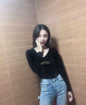 嫻柔黑色莫代爾打底衫女輕薄內搭春秋冬長(cháng)袖T恤女修身V領(lǐng)洋氣印花上衣 黑色 L 曬單實(shí)拍圖