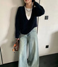 OTST韓系v領(lǐng)疊穿針織衫女春秋季2025新款慵懶風(fēng)毛衣外套長(cháng)袖上衣套裝 藏青 M 90-100斤 曬單實(shí)拍圖
