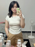 嫻柔不規(guī)則正肩短袖t恤女夏設計感弧形下擺抽褶辣妹緊身短款女裝上衣 白色-V【褶皺款】 卡碼拍大 XL 【110-120斤】 曬單實拍圖