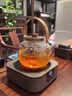 典躍玻璃提梁壺圍爐煮茶壺電陶爐套裝家用耐高溫煮茶器辦公泡茶燒水壺 方形電陶爐木紋豎紋提梁壺 1000ml 曬單實(shí)拍圖