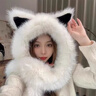目丸毛絨絨加厚狐貍耳朵帽子圍巾一體女秋冬季保暖護耳帽顯臉小雷鋒帽 白色 曬單實(shí)拍圖
