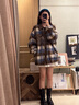 CTOX設(shè)計感PU皮拼接格子毛呢外套女2024冬新款小個子寬松保暖呢子大衣 棕格紋 M 115斤內(nèi) 曬單實拍圖